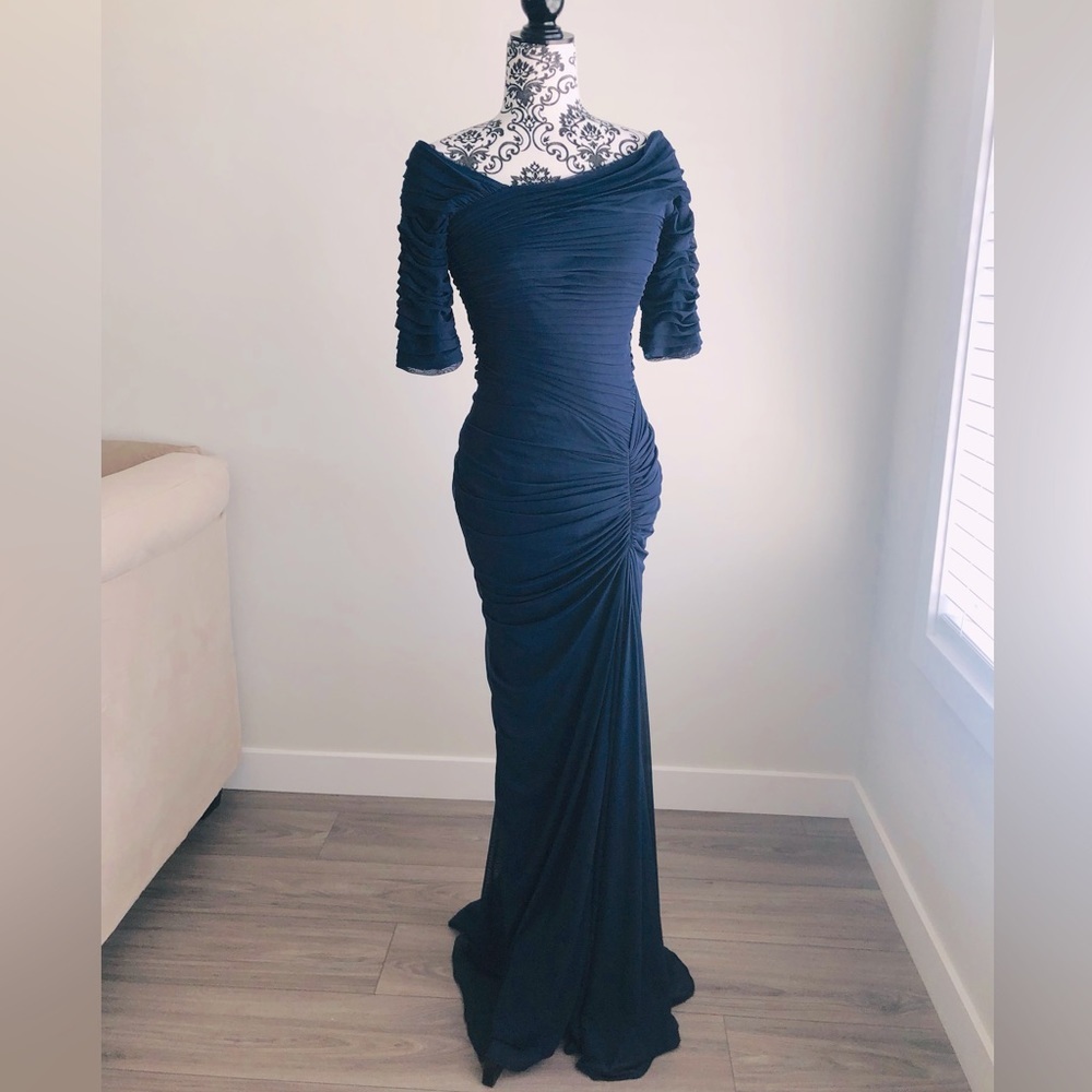 Tadashi Shoji Asymmetric Ruched Sleeve Gown Dress with Train Navy Blue XS S